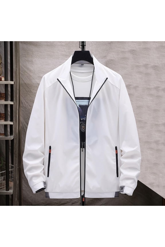 Men's Waterproof Windbreaker Bomber, Outdoor Sport Multi Pockets Full Zip Thin Lightweight Hiking Jackets for Man White Size 2XL