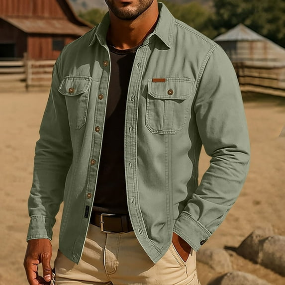 Zylanna Men's Western Cowboy Shirts, Vintage Workwear Button Down Turn Down Collar Casual Shirt Jackets for Men with Pockets Army Green