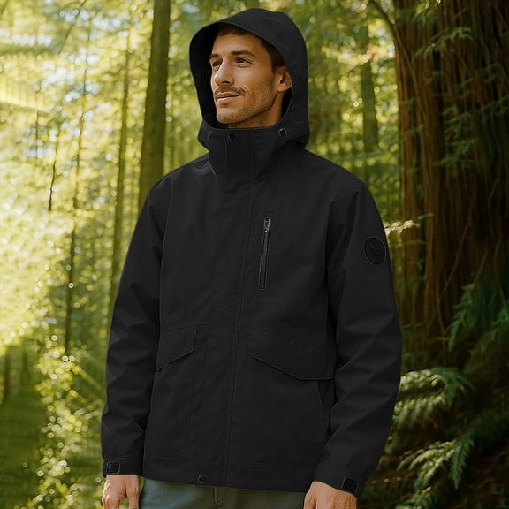 Zylanna Men's Windbreaker Jackets with Detachable Hood, Full Zip Softshell Multi-Pockets Water Resistant Outdoor Coats for Hiking Travel Black