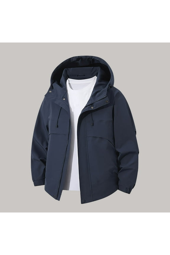 Men's Windbreaker Jackets with Hood, Water Resistant Lightweight Full Zip Multi-Pockets Outdoor Coats for Hiking Travel Navy