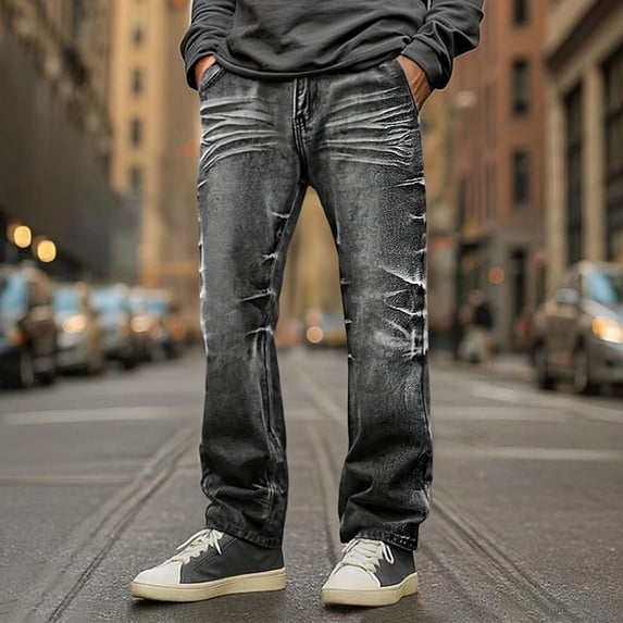 Zylanna Men's and Big Men's Heavyweight Jeans, Solid Color Loose Fit Multi-Pockets Elastic Waist Casual Denim Pants Black