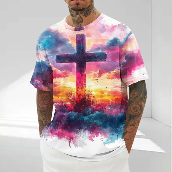 Zylanna Mens & Big Mens Fashion T-Shirts, Crew Neck Short Sleeve Daily Cross 3D Print Funny Graphic Tees Tops Red