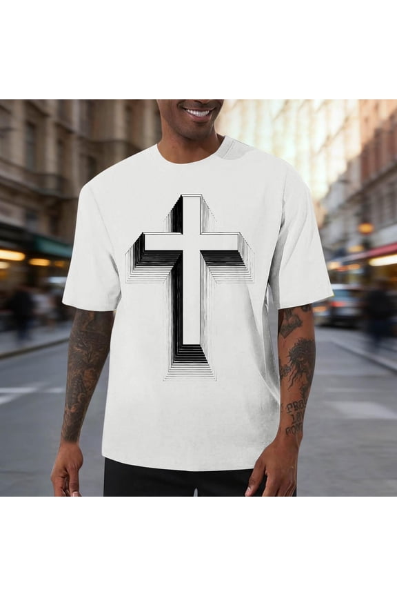Mens & Big Mens Fashion T-Shirts, Cross 3D Print Short Sleeve Daily Crew Neck Funny Graphic Tees Tops White