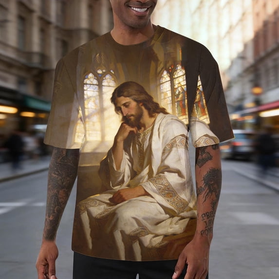 Zylanna Mens & Big Mens Fashion T-Shirts, Daily Jesus 3D Print Short Sleeve Crew Neck Funny Graphic Tees Tops Yellow