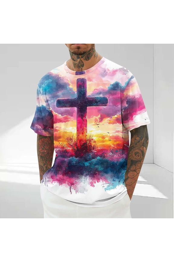Mens & Big Mens Fashion T-Shirts, Daily Short Sleeve Cross 3D Print Crew Neck Funny Graphic Tees Tops Red