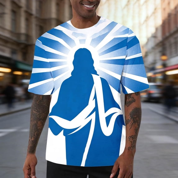 Zylanna Mens & Big Mens Fashion T-Shirts, Jesus 3D Print Crew Neck Short Sleeve Daily Funny Graphic Tees Tops Blue