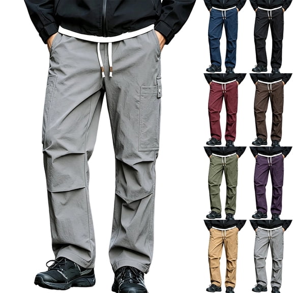 Zylanna Mens Cargo Hiking Pants with Multi‑Pockets, Elastic Waist Relaxed Fit Straight Leg Solid Color Drawstring Water Resistant Outdoor Travel Trousers Gray
