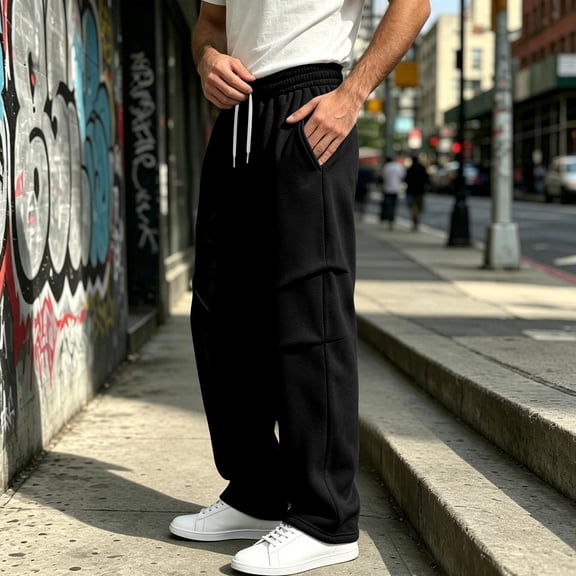 Zylanna Mens Cargo Sweatpants with Pockets, Drawstring Elastic Waist Loose Fit Wide Leg Pleated Detail Casual Streetwear Trousers Black