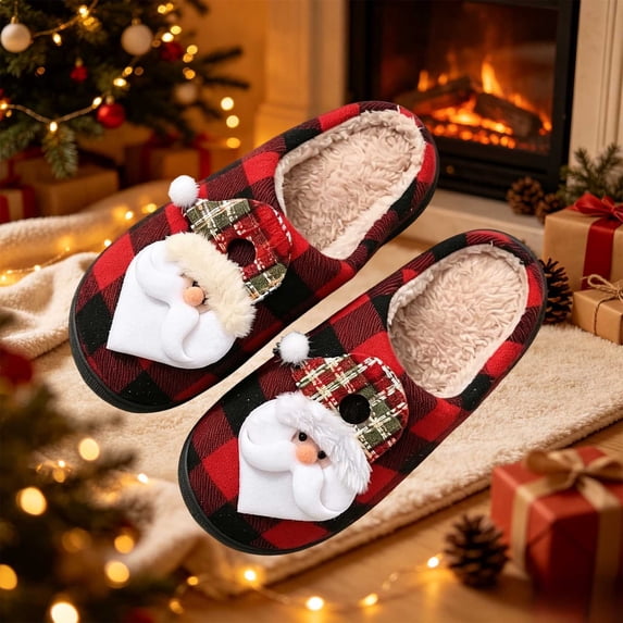 Zylanna Mens Christmas House Slippers, Plush Lined Warm Plaid Flat Sole Closed Toe Holiday Slide On Indoor Footwear Red