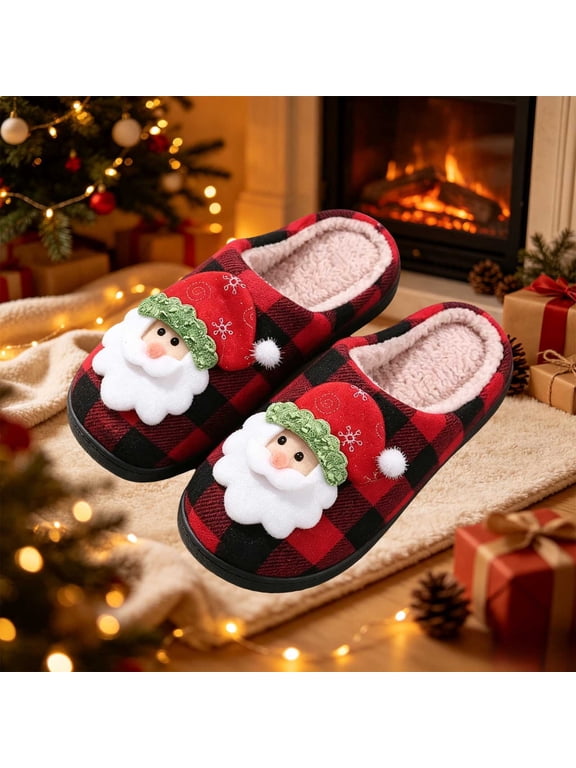 Mens Christmas House Slippers with Santa Applique, Closed Toe Soft Plaid Print Warm Slip‑On Holiday Indoor Slide Slippers for Winter Festive Home Use Red