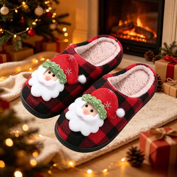 Zylanna Mens Christmas House Slippers with Santa Applique, Slip‑On Closed Toe Warm Soft Plaid Print Holiday Indoor Slide Slippers for Winter Festive Home Use Red