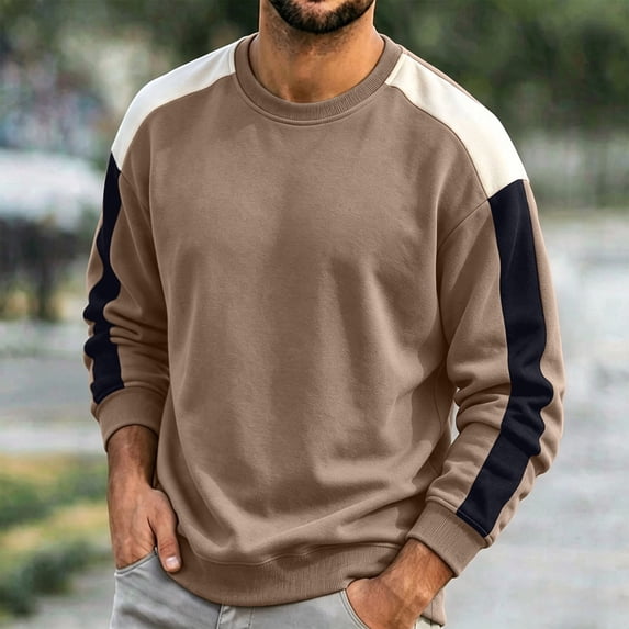 Zylanna Mens Color Block Sweatshirt, Casual Crewneck Long Sleeve Relaxed Fit Color Block Pullover Daily Street Tops for Men Brown