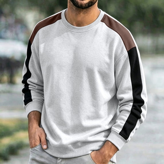 Zylanna Mens Color Block Sweatshirt, Casual Long Sleeve Relaxed Fit Crewneck Color Block Pullover Daily Street Tops for Men White