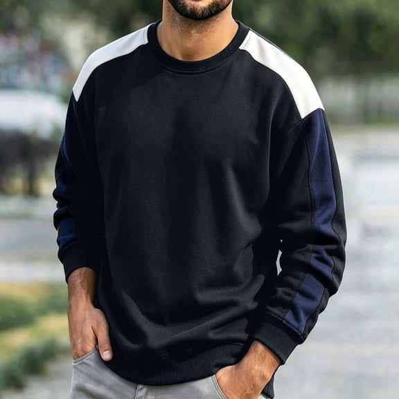 Zylanna Mens Color Block Sweatshirt, Crewneck Long Sleeve Relaxed Fit Casual Color Block Pullover Daily Street Tops for Men Black