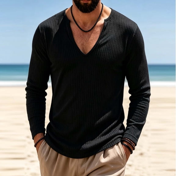 Zylanna Mens Ribbed V Neck Shirts, Notch Collar Long Sleeve Solid Color Stretchy Regular Fit Everyday Casual Pullover Tops for Men Black