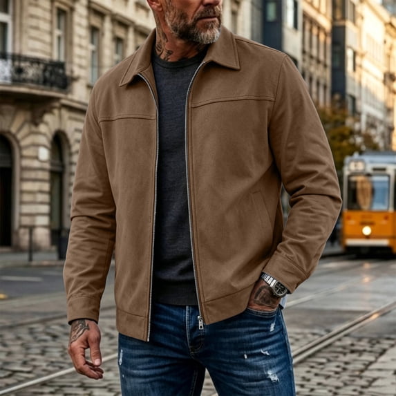 Zylanna Mens Suede Jacket with Pockets, Loose Fit Solid Color Long Sleeve Zip‑Up Turn‑down Collar Outerwear for Daily Wear Brown Size S