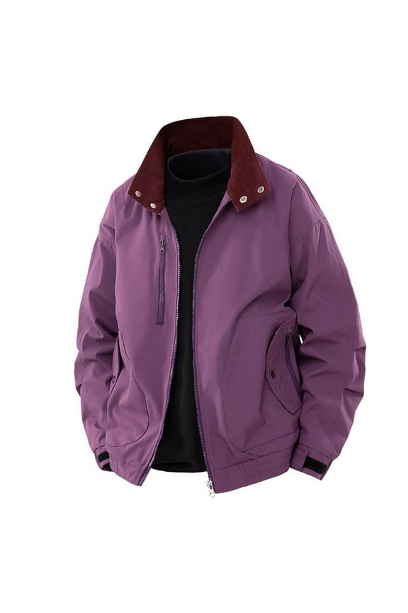 Mens Waterproof Windbreaker Jackets, Lightweight Long Sleeve Multi-Pockets Zip up Cargo Bomber for Outdoor Purple Size M
