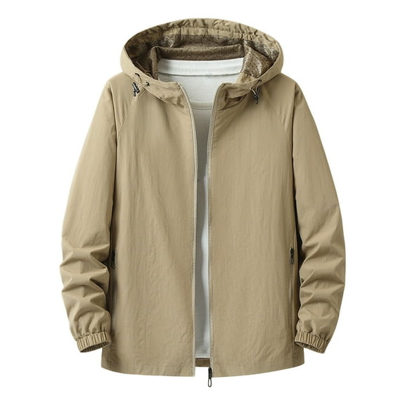 Zylanna Mens Waterproof Windbreaker Jackets, Multi-Pockets Lightweight Zip up with Hood Raincoat for Outdoor Khaki Size L