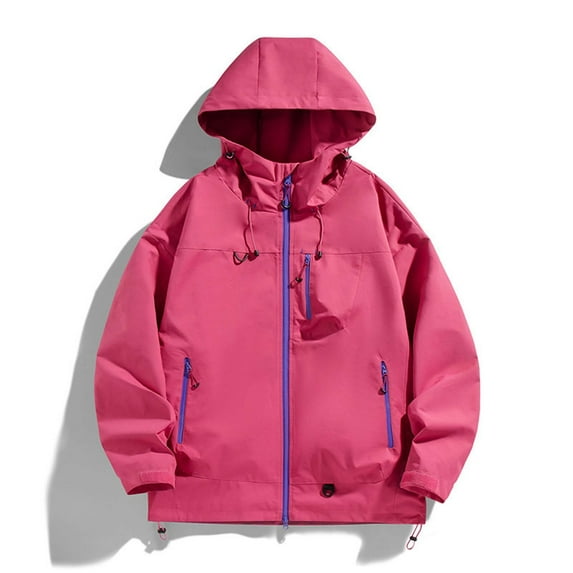 Zylanna Mens Waterproof Windbreaker Jackets, Zip up Lightweight with Hood Multi-Pockets Raincoat for Outdoor Pink Size XL