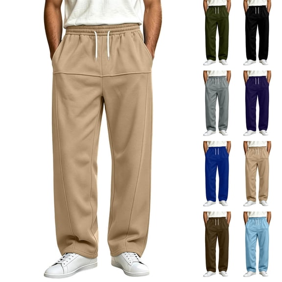 Zylanna Mens Wide Leg Sweatpants with Side Pockets, Elastic Waist Wide Straight Leg Solid Color Drawstring Relaxed Fit Casual Streetwear Jogger Pants Khaki