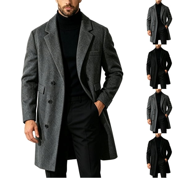 Zylanna Mens Wool Blend Overcoat with Multi-Pockets, Tailored Trench Coat Double Breasted Notch Lapel Mid Length Coat Business Professional Dark Gray
