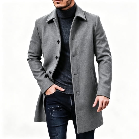 Zylanna Mens Wool Blend Overcoat with Pockets, Notch Lapel Tailored Single Breasted Trench Coat Mid Length Coat Business Professional Dark Gray