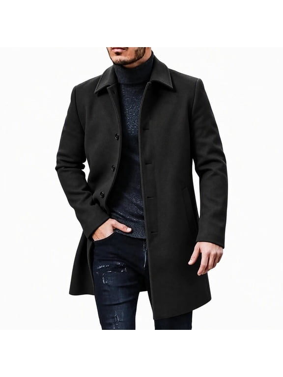 Mens Wool Blend Overcoat with Pockets, Single Breasted Tailored Trench Coat Notch Lapel Mid Length Coat Business Professional Black