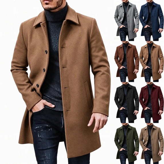 Zylanna Mens Wool Blend Overcoat with Pockets, Tailored Notch Lapel Trench Coat Single Breasted Mid Length Coat Business Professional Brown