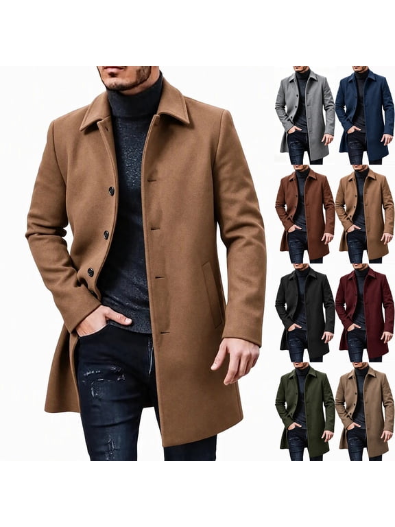 Mens Wool Blend Overcoat with Pockets, Tailored Notch Lapel Trench Coat Single Breasted Mid Length Coat Business Professional Brown