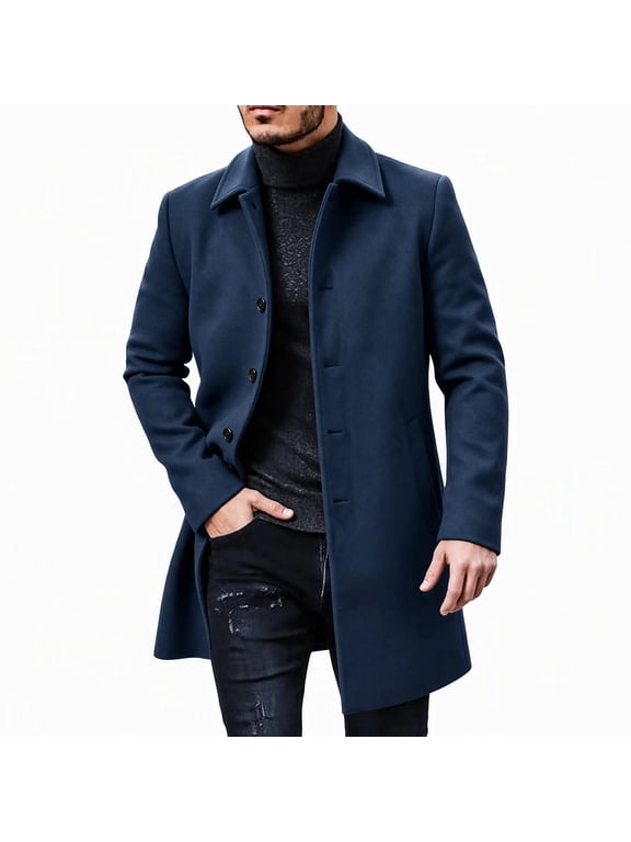 Mens Wool Blend Overcoat with Pockets, Tailored Trench Coat Notch Lapel Single Breasted Mid Length Coat Business Professional Navy