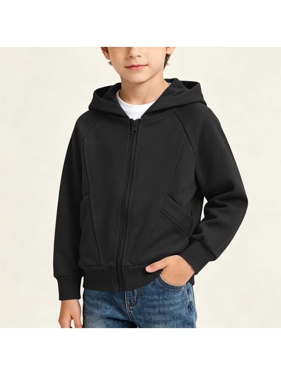 Toddler Boys Zip Up Hoodie Jacket with Side Pockets, Breathable Soft Thin Cotton Fall Long Sleeve Casual Hooded Coat for School Daily Wear Black Size 5-6