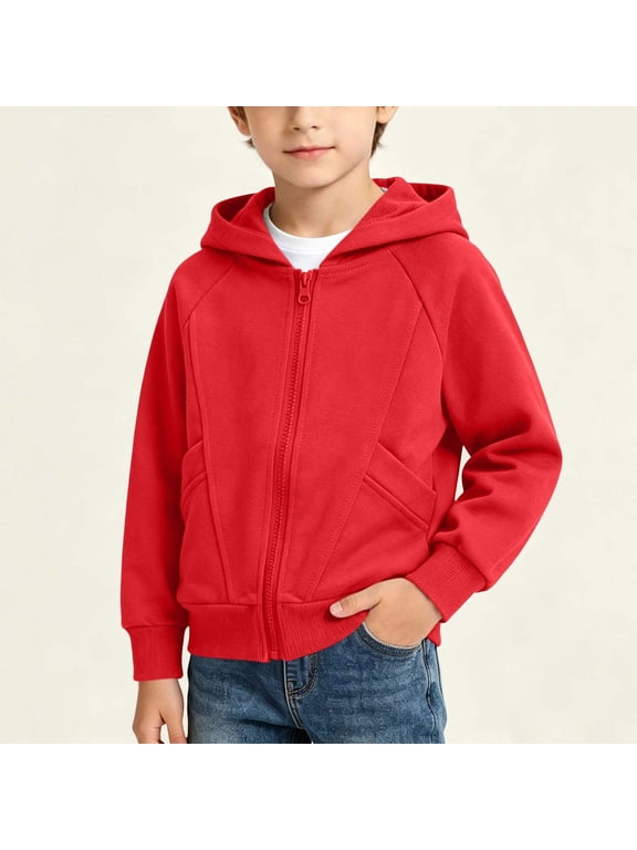 Toddler Boys Zip Up Hoodie Jacket with Side Pockets, Fall Soft Thin Cotton Long Sleeve Breathable Casual Hooded Coat for School Daily Wear Red Size 5-6