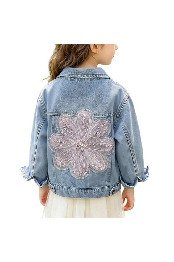 Toddler Girls Denim Jacket, Button Down Pearl Flower Decor Chest Flap Pockets Heavyweight Casual Trucker Jeans Coats for Kids Blue Size 5-6