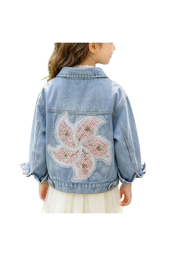 Toddler Girls Denim Jacket, Chest Flap Pockets Heavyweight Button Down Sequin Flower Casual Trucker Jeans Coats for Kids Blue Size 7-8