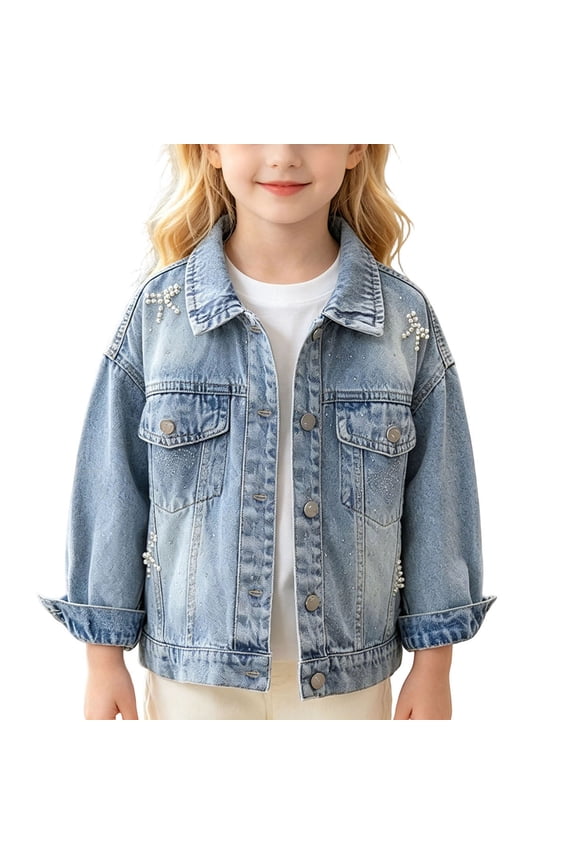 Toddler Girls Denim Jacket, Pearl Decor Button Down Chest Flap Pockets Heavyweight Casual Trucker Jeans Coats for Kids Blue Size 3-4 T
