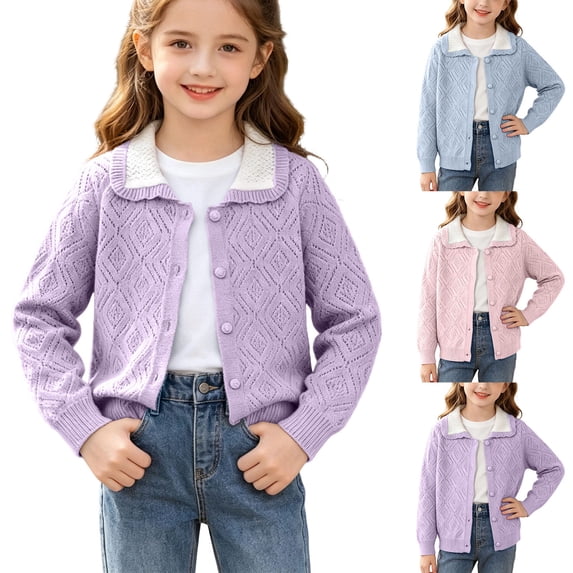 Zylanna Toddler Girls Sweaters Cardigan, Long Sleeve 100%Cotton Collared Button Closure Breathable Knit Jacket for Dailywear Blue Size 4 T