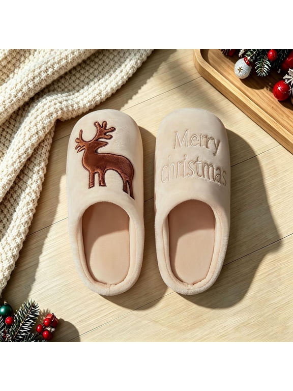 Women Christmas Slide Slippers with Reindeer Embroidery, Closed Toe Warm Lightweight Plush Lining Loose Fit Holiday House Shoes for Indoor Daily Use Khaki
