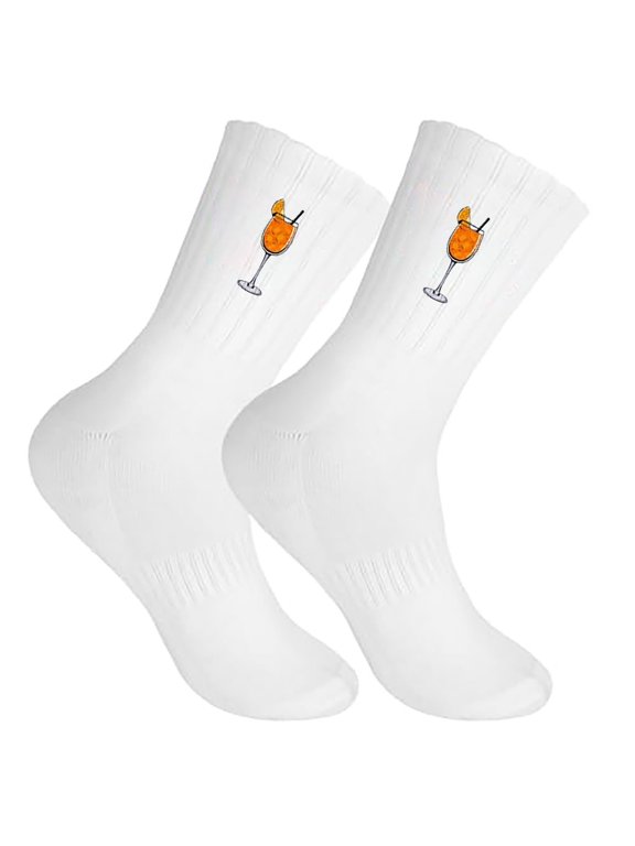 Women Crew Socks with Cocktail Print, Loose Fit Stretchy Lightweight Breathable Ribbed Cuff Novelty Graphic Casual Athletic Mid Calf Socks for Daily Wear White