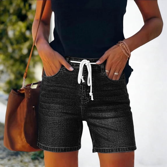 Zylanna Women Denim Shorts with Pockets, with Drawstring Elastic High Waist Solid Casual Jean Shorts for Women Black