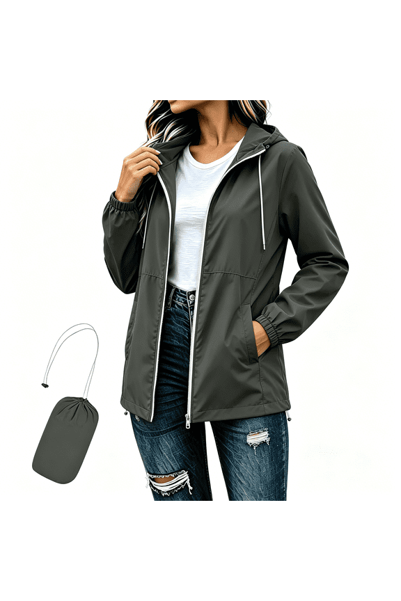 Women Packable Rain Jackets Windbreaker, with Pockets Waterproof Adjustable Hem & Hooded Lightweight Travel Outdoor Casual Daily Raincoat Dark Gray