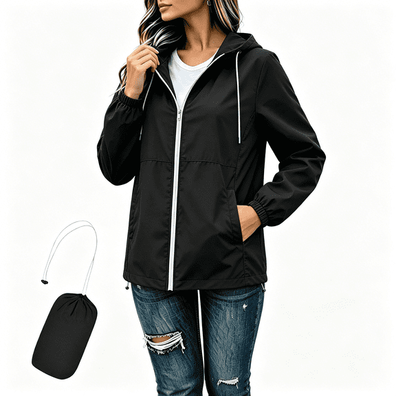 Zylanna Women Packable Rain Jackets Windbreaker, Waterproof Adjustable Hem & Hooded Lightweight with Pockets Travel Outdoor Casual Daily Raincoat Black