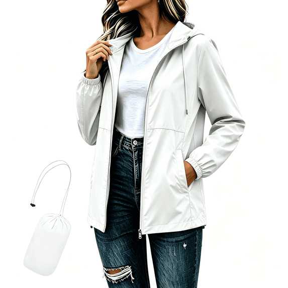 Zylanna Women Packable Rain Jackets Windbreaker, Waterproof Lightweight Adjustable Hem & Hooded with Pockets Travel Outdoor Casual Daily Raincoat White