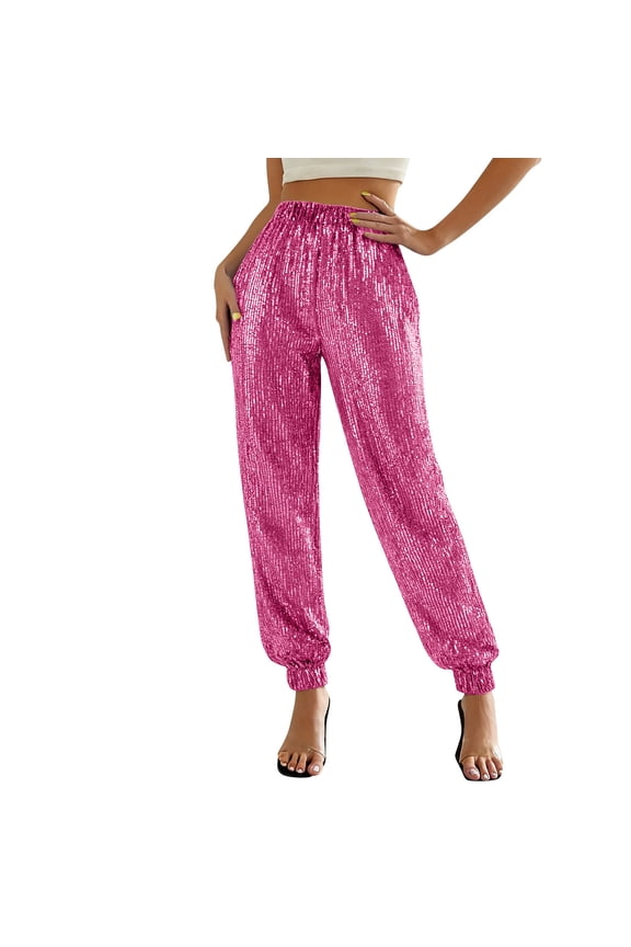 Women Sequin Pants, Cuffed Hem Long Length Solid Color Party Fashion Pants Hot Pink