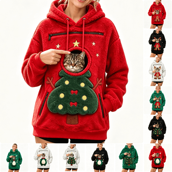 Zylanna Women Sherpa Hoodie with 3 Zipper Access Pet Holder, Double Sided Fleece Long Sleeve Christmas Tree Pattern Fuzzy Cat Dog Pet Pouch Carrier Pullover Red
