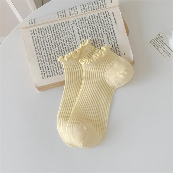 Zylanna Women's 100% Cotton Ankle Socks, Breathable Scalloped Ruffled Cuff Stretchy Vertical Ribbed Lightweight No‑Show Casual Short Socks for Daily Wear Yellow