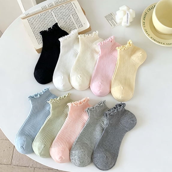 Zylanna Women's 100% Cotton Ankle Socks, Vertical Ribbed Stretchy Lightweight Breathable Scalloped Ruffled Cuff No‑Show Casual Short Socks for Daily Wear White