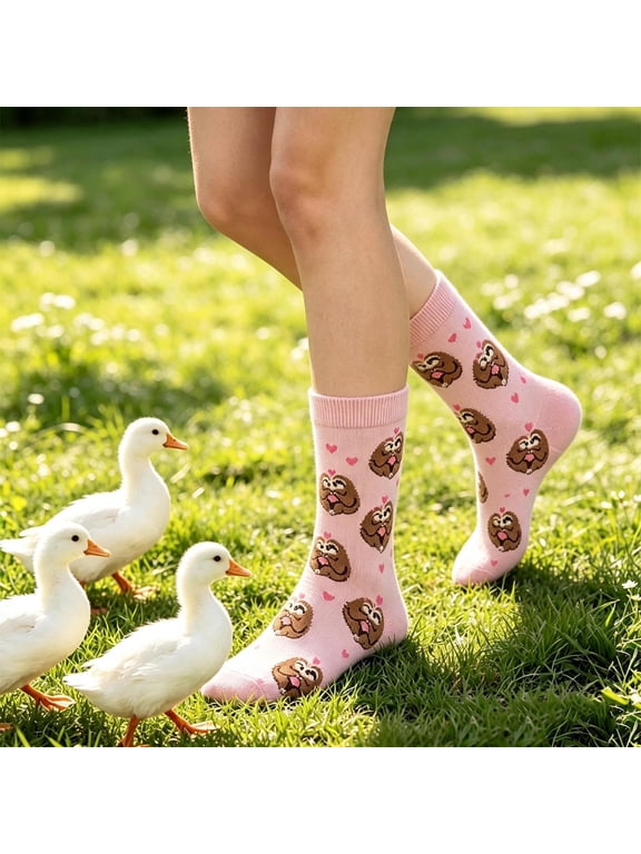 Women's 100% Cotton Straight Ankle Crew Socks, Breathable Stretchy Relaxed Fit Printed Lightweight Fashion Casual Footwear for Daily Wear Pink