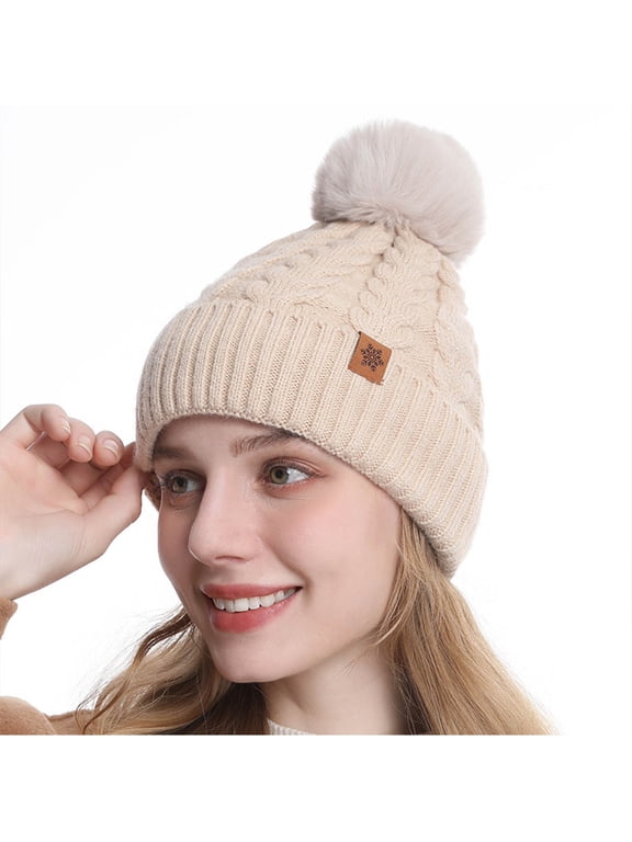 Women's Cable Knit Beanie with Faux Fur Pom‑Pom, Fleece Lined Foldable Cuff Stretchy Fluffy Pom Warm Winter Skull Cap Beige