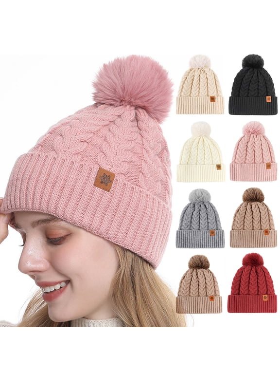 Women's Cable Knit Beanie with Faux Fur Pom‑Pom, Fluffy Pom Fleece Lined Stretchy Foldable Cuff Warm Winter Skull Cap Pink