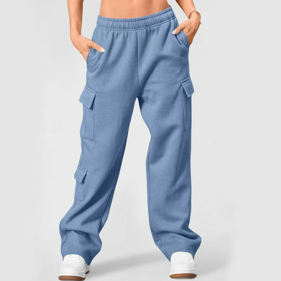 Zylanna Women's Cargo Sweatpants with Pockets, Baggy Elastic Waist Soft & Warm Solid Color Casual Pants for Women Blue